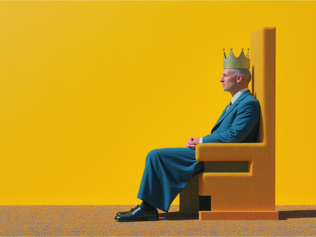 Crowned figure in a blue suit seated on a monumental chair against yellow — generated poster for image-to-video
