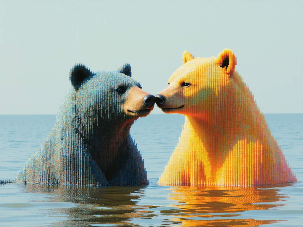 Voxel-style twin bears touching noses in calm water — generated poster for text-to-video